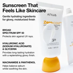 Anua Zero-Cast Moisturizing Finish Sunscreen, krem przeciwsłoneczny SPF 50, 50 ml