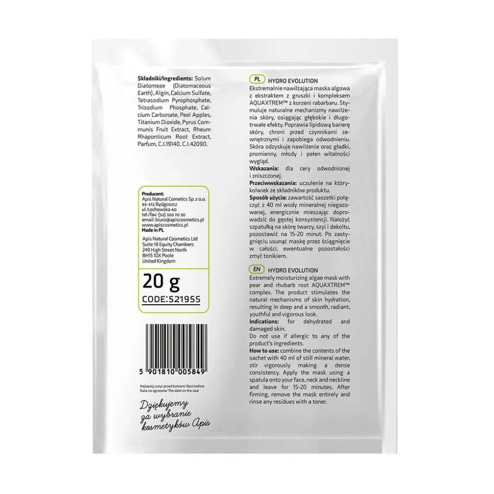 Apis Hydro Evolution, ekstremalnie nawilżająca maska algowa, 20 g