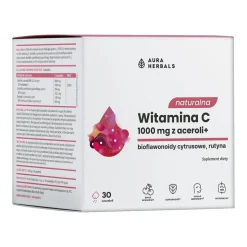 Aura Herbals Naturalna Witamina C 1000 mg z aceroli, saszetki z proszkiem, smak wiśniowy, 30 szt.