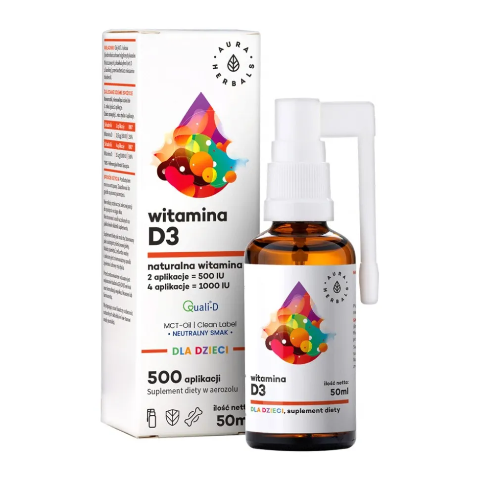 Aura Herbals, Witamina D3 dla dzieci, MCT, aerozol, 50 ml