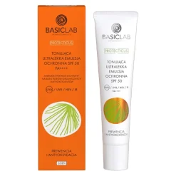 BasicLab Proteticus, tonująca ultralekka emulsja SPF 50 PPD 22,1 Prewencja i Antyoksydacja, 40 ml