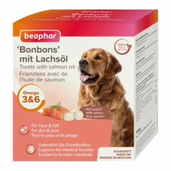 Beaphar Lachsöl Bonbons, praliny dla psa olejem z łososia i tłuszczem jagnięcym wspierające zdrowie skóry i sierści, 245 g