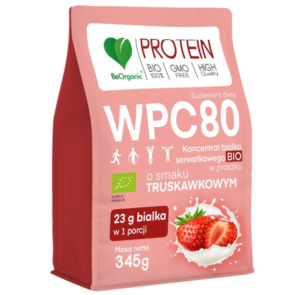 BeOrganic Protein WPC 80, proszek, smak truskawkowy, 345 g
