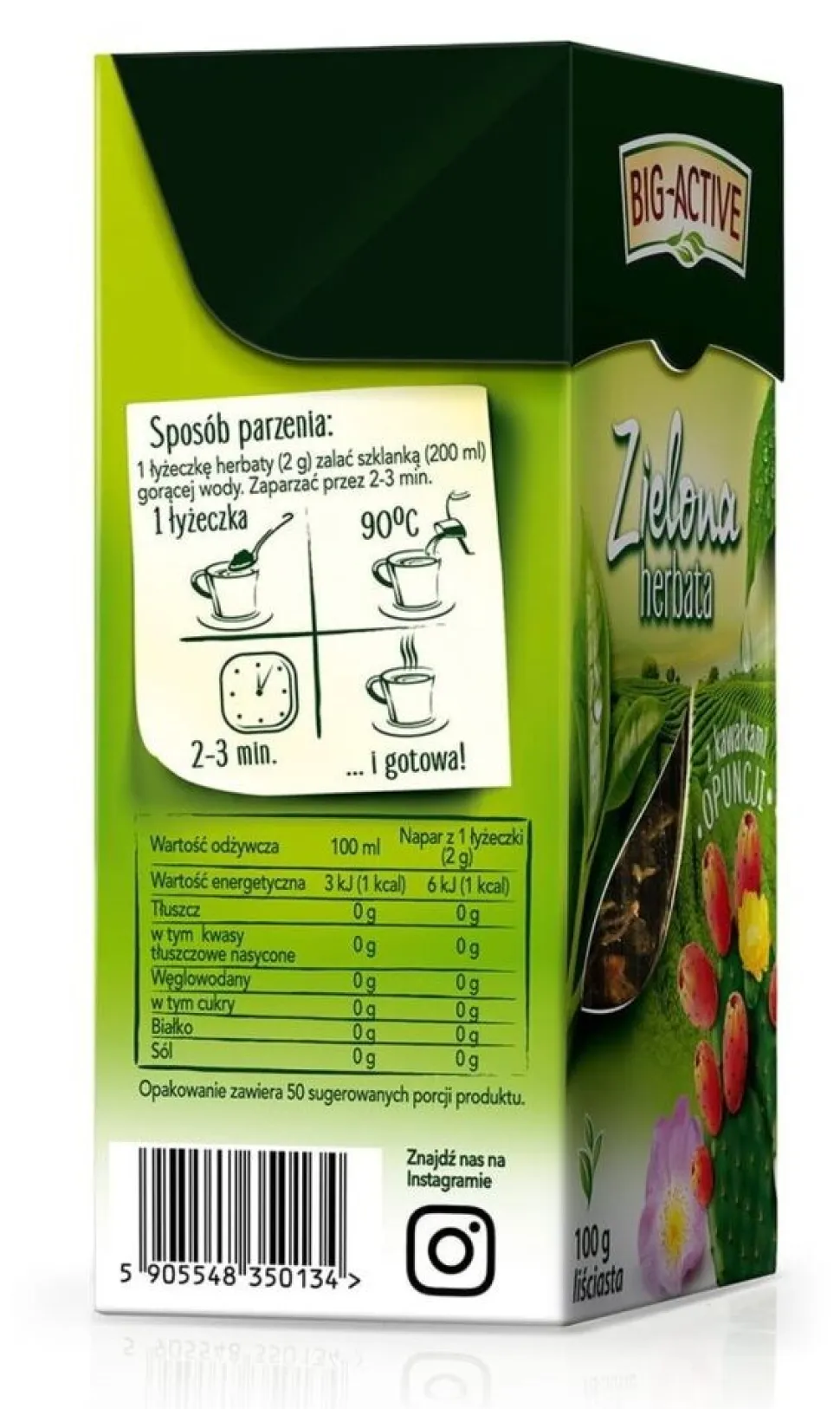 Big-Active, Zielona herbata z opuncją, liściasta, 100 g