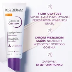 Bioderma Cicabio Creme+, krem łagodząco-odbudowujący SPF 50+, 40 ml