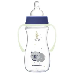 Canpol Babies Easy Start, Sleepy Koala, butelka szeroka antykolkowa ze świecącymi uchwytami, niebieska, 300 ml, 1 szt.