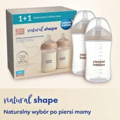 Canpol Babies Natural Shape, butelki ze smoczkiem dwustrefowym, 260 ml, przepływ wolny, 2 szt.