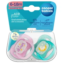 Canpol Babies, silikonowe smoczki uspokajające symetryczne Night & Day 6 - 18 m, różowe, 2 szt.