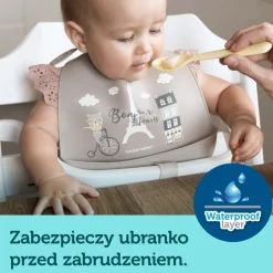 Canpol Babies, zmywalny śliniak z kieszonką Bonjour Paris, granatowy, 4 m+, 1 szt.