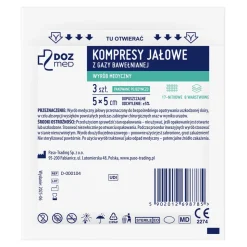 DOZ Med, kompresy jałowe z gazy bawełnianej, 17-nitkowe, 8-warstwowe, 5 cm x 5 cm, 3 szt.