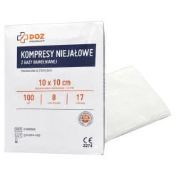 DOZ PRODUCT, kompresy niejałowe z gazy bawełnianej, 17-nitkowe, 8-warstwowe, 10 cm x 10 cm, 100 szt.