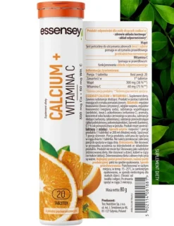 Essensey Calcium + Witamina C, tabletki musujące, smak pomarańczowy, 20 szt.