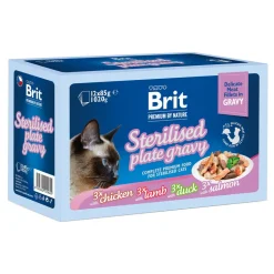 Family Plate Brit Premium Cat Pouches Fillets in Gravy Sterilised, zestaw karmy mokrej w filetach w sosie dla sterylizowanych kotów wszystkich ras, mix smaków, 85 g x 12 szt.