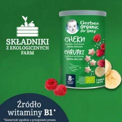 Gerber Organic, chrupki pszenne, banan, malina, 8 m+, 35 g