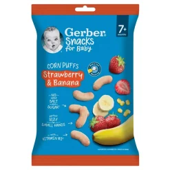 Gerber Snacks, Chrupki kukurydziane truskawkowo-bananowe, 7 m+, 28 g
