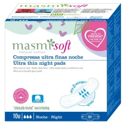 Masmi Soft, ultra cienkie bawełniane podpaski ze skrzydełkami na noc, 10 szt.
