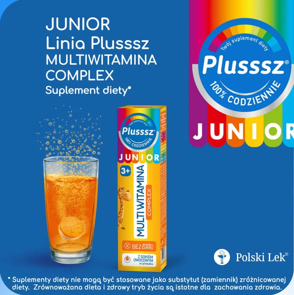 Plusssz Junior Multiwitamina Complex, tabletki musujące, smak tropikalny, 20 szt.