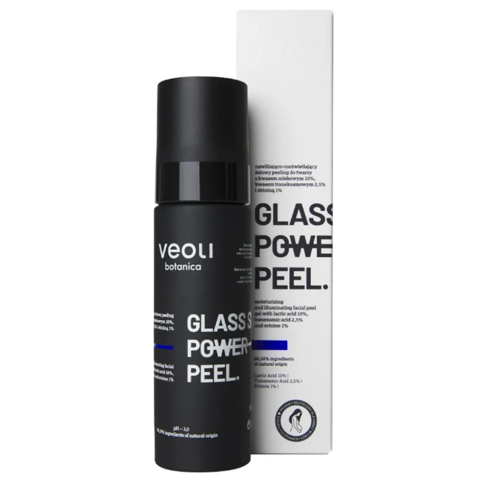 Veoli Botanica Glass Skin Power Peel, nawilżająco-rozświetlający peeling do twarzy z kwasem mlekowym, traneksamowym i ektoiną, 30 ml