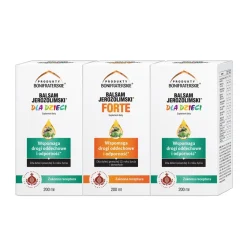 Zestaw Produkty Bonifraterskie Balsam Jerozolimski dla dzieci, syrop, 200 ml x 2 szt. + Balsam Jerozolimski Forte, płyn, 200 ml