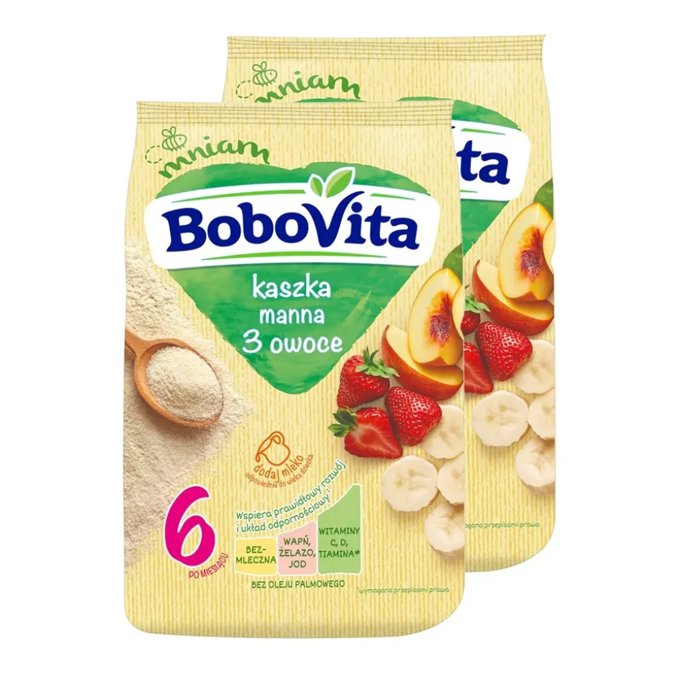 Zestaw 2 x BoboVita, kaszka manna, 3 owoce, 6 m+, 180 g
