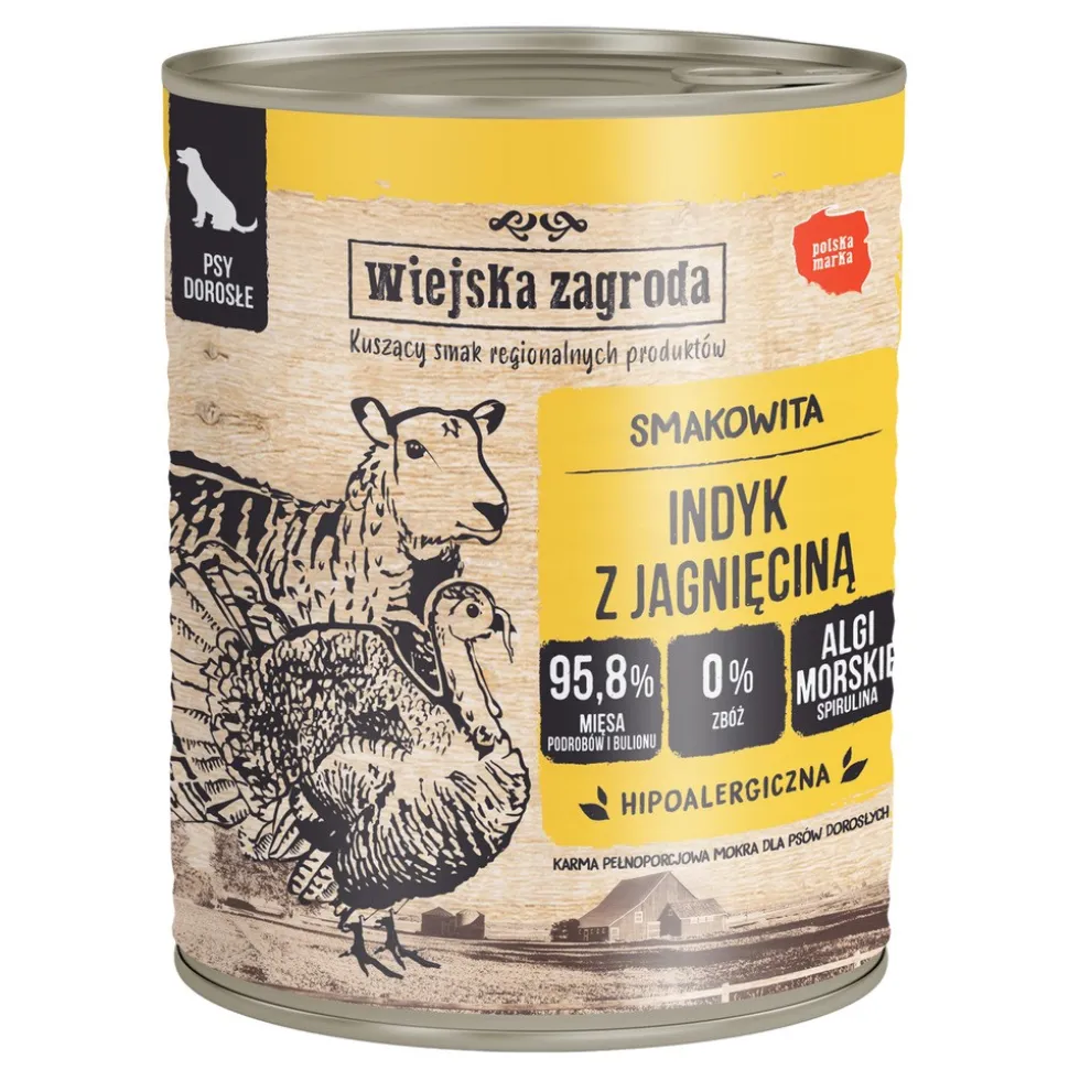 Zestaw 6 x Wiejska Zagroda Indyk z jagnięciną, karma mokra dla psa, 800 g